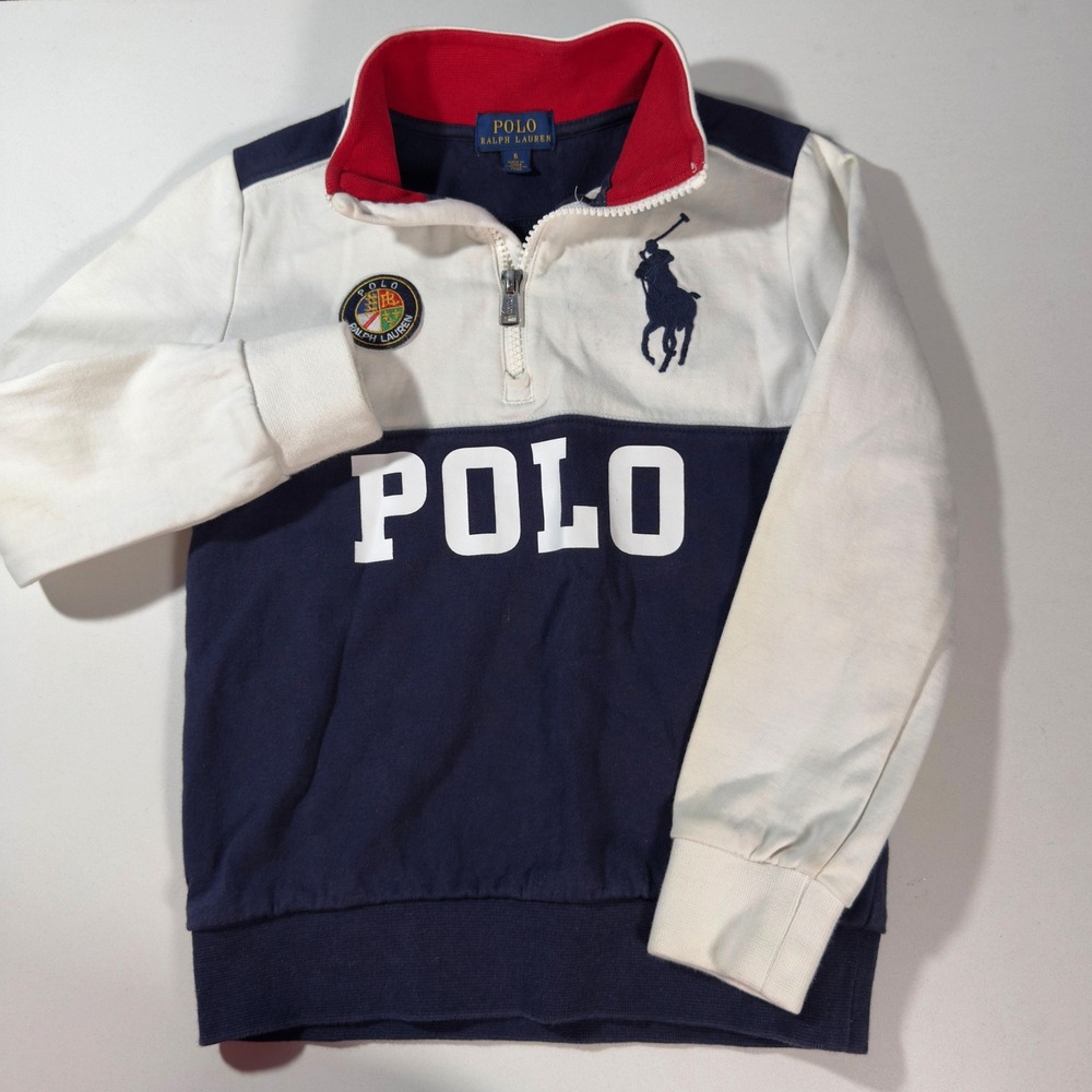 Polo Ralph Lauren Quarter Zip Kids Size 6 Navy White Excellent Big Pony Crest